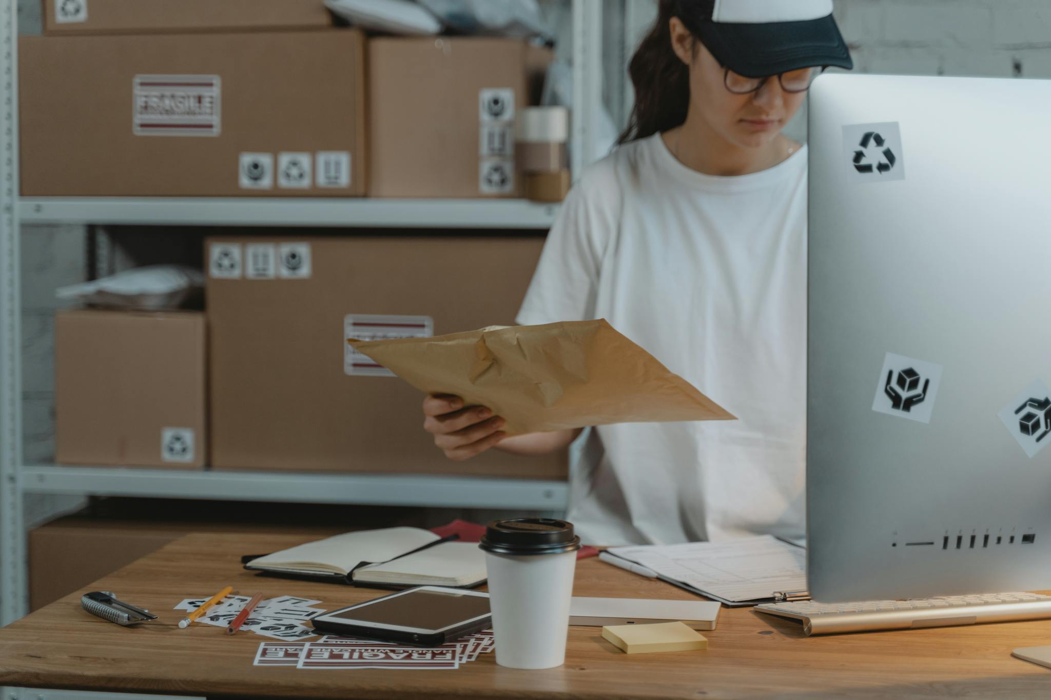 Woman sorting parcels at her desk in a logistics office, demonstrating efficient workspace organization.